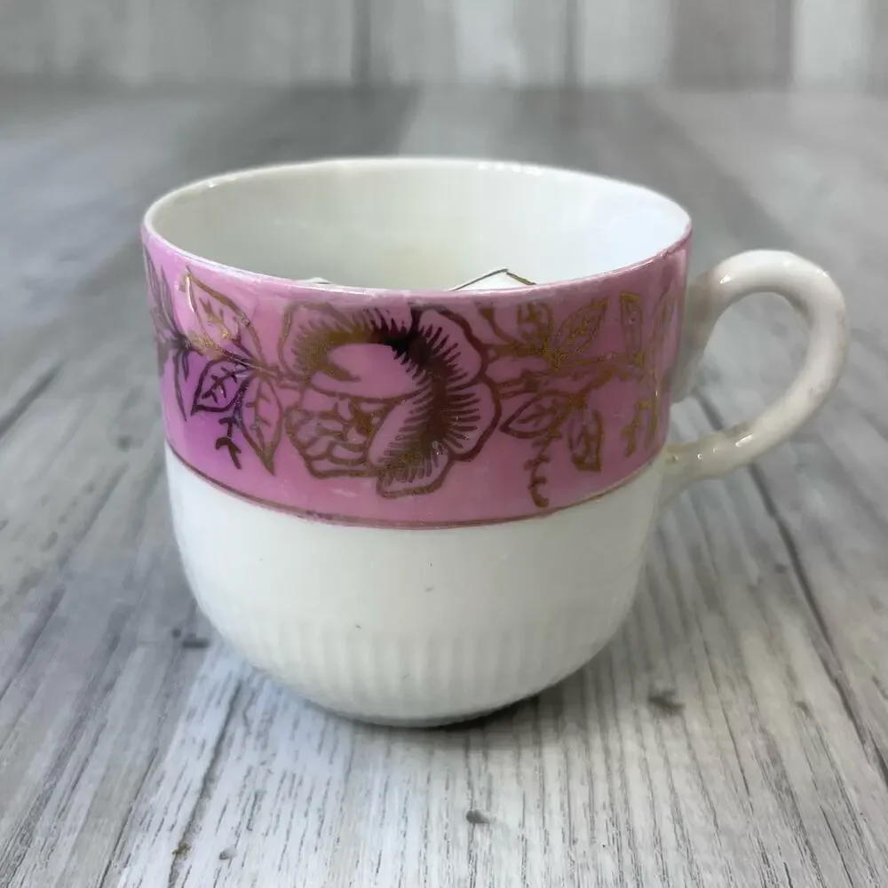 Vintage White Pink Floral Accent Gold Trim Mustache Guard Mug Cup Decor